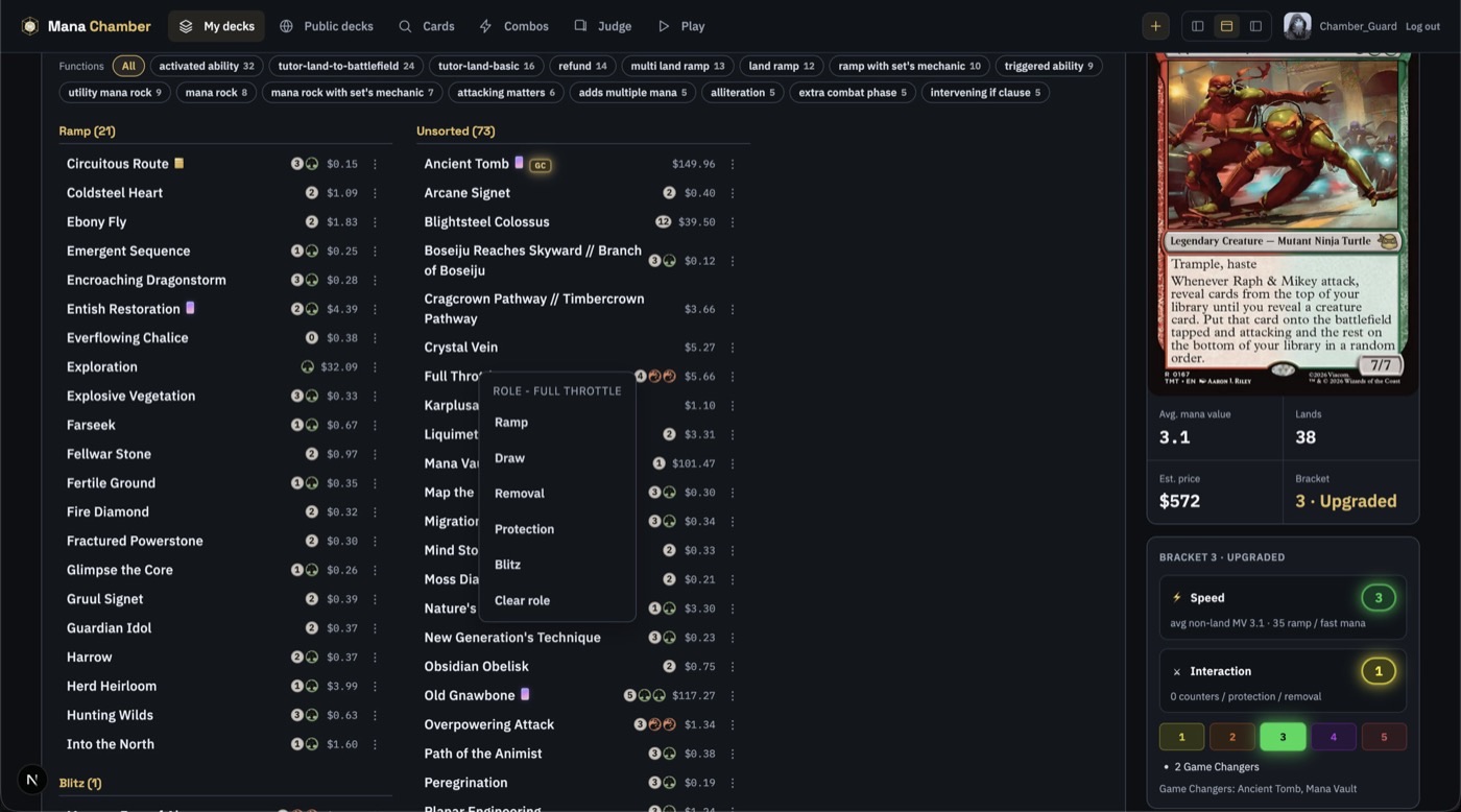 Per-card role menu on Full Throttle with Ramp, Draw, Removal, Protection, Blitz, and Clear role
