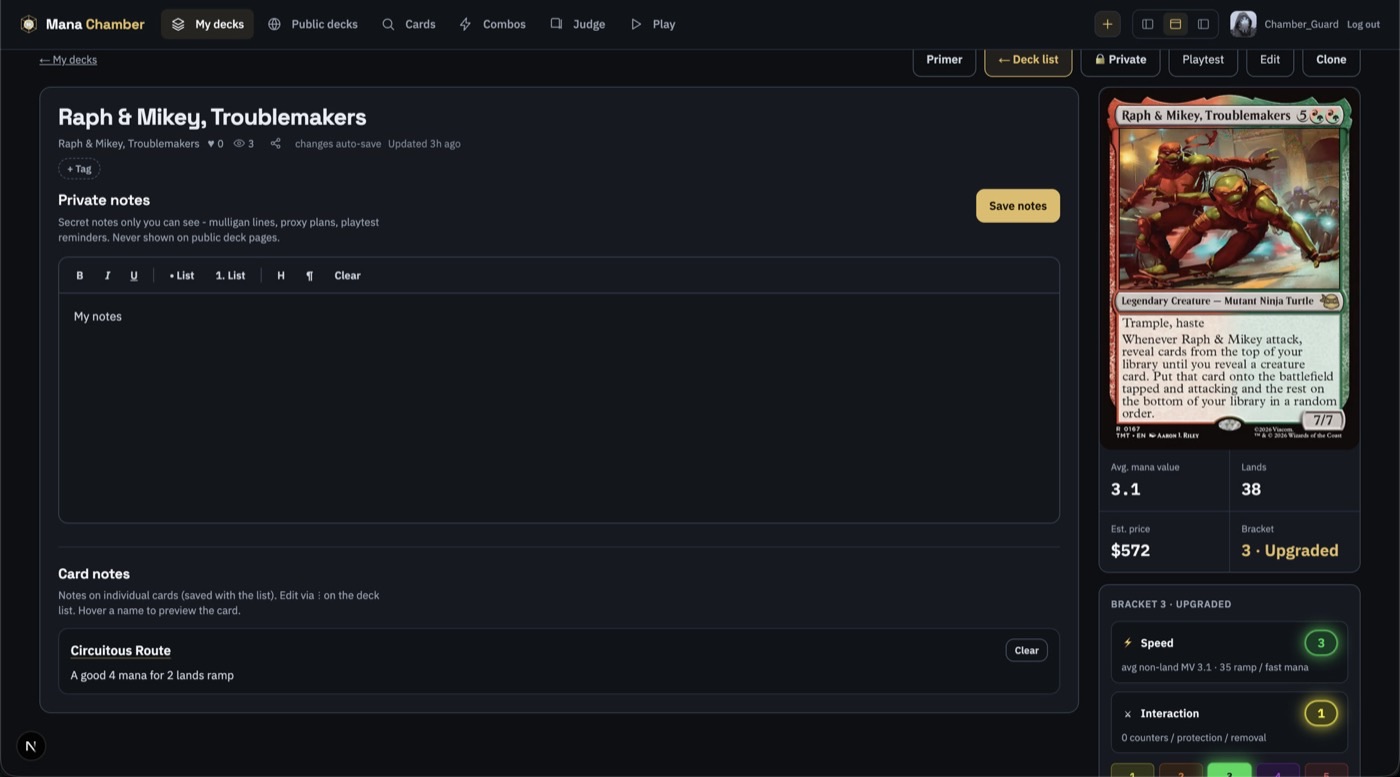 Private deck notes editor with card notes list, including a note on Circuitous Route